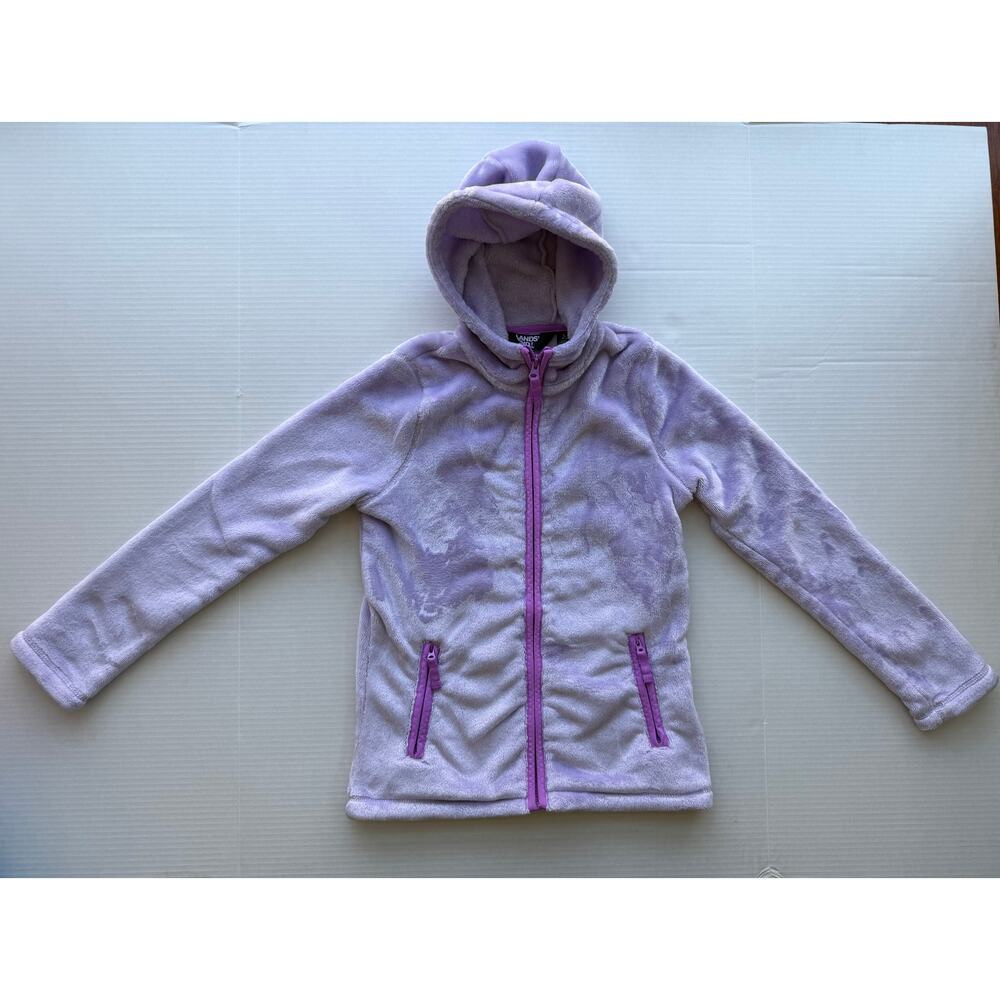 Lands End Softest Fleece Full-Zip Hoodie Lavender Stripe Navy Zip Pockets Large